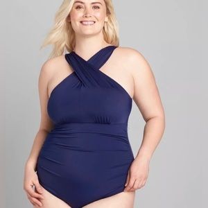 No-Wire Crossover-Neck Swim One Piece in Navy